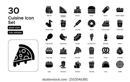 Cuisine Glyph Icon Set: Global Dishes, Traditional Foods, and Cultural Cuisines Icons