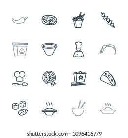 Cuisine icon. collection of 16 cuisine outline icons such as soup, taco, chinese fast food, pizza, kebab, chef, chef hat and spoon. editable cuisine icons for web and mobile.