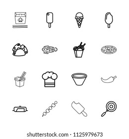 Cuisine icon. collection of 16 cuisine outline icons such as pan, ice cream, taco, chinese fast food, chef hat, bowl, pizza. editable cuisine icons for web and mobile.