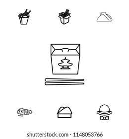 Cuisine icon. collection of 7 cuisine outline icons such as chinese fast food, noodles fast food, chef hat, hat and bow, taco. editable cuisine icons for web and mobile.