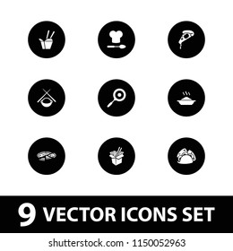 Cuisine icon. collection of 9 cuisine filled icons such as pizza, taco, noodles fast food, chef hat and spoon, pan, asian food. editable cuisine icons for web and mobile.