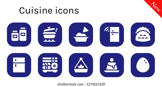  cuisine icon set. 10 filled cuisine icons. Simple modern icons about  - Pots, Pot, Guacamole, Fridge, Tacos, Sushi, Creme caramel, Egg