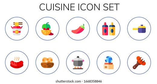 cuisine icon set. 10 flat cuisine icons. Included noodles, sausage, pepper, eggs, pot, sauces, dish, pan icons