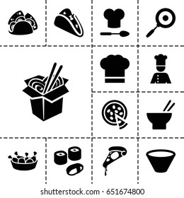 Cuisine icon. set of 13 filled cuisineicons such as taco, pizza, asian food, chicken leg, noodles fast food, chef, chef hat, chef hat and spoon, bowl, pan