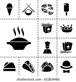 Cuisine icon. set of 13 filled cuisineicons such as taco, chinese fast food, pizza, chicken leg, chef, chef hat, hat and bow, asian food, ice cream