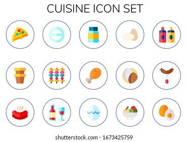 cuisine icon set. 15 flat cuisine icons.  Simple modern icons such as: pizza, pot, salt, skewer, mayonnaise, chicken leg, eggs, sauces, sausage, wine, egg, salad, boiled egg