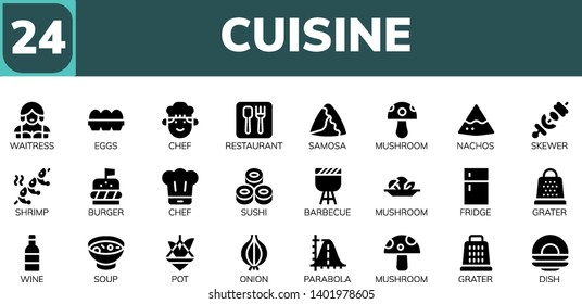 cuisine icon set. 24 filled cuisine icons.  Simple modern icons about  - Waitress, Eggs, Chef, Restaurant, Samosa, Mushroom, Nachos, Skewer, Shrimp, Burger, Sushi, Barbecue, Fridge