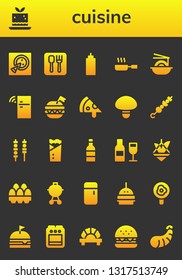 cuisine icon set. 26 filled cuisine icons.  Collection Of - Pizza, Mousse, Restaurant, Sauce, Frying pan, Noodles, Fridge, Burger, Mushroom, Brochette, Skewers, Kebab, Wine, Pot