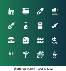 cuisine icon set. Collection of 16 filled cuisine icons included Pot, Grate, Sausage, Restaurant, Pepper, Eggs, Burger, Skewer, Fridge, Sauce, Ladle, Pancakes, Mushroom, Noodles