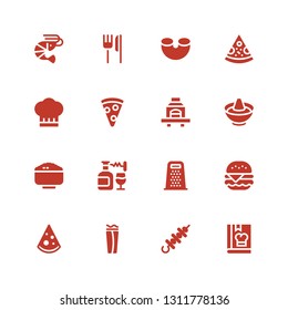 cuisine icon set. Collection of 16 filled cuisine icons included Cook, Skewer, Wrap, Pizza, Burger, Grater, Wine, Rice, Hot pot, Barbecue, Pizza slice, Chef, Macaroni, Restaurant