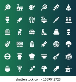 cuisine icon set. Collection of 36 filled cuisine icons included Frying pan, Salt, Mushroom, Skewer, Pizza slice, Pot, Pancake, Ladle, Bowl, Chef hat, Pizza, Pepper, Stove, Sauce