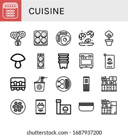 cuisine icon set. Collection of Shish kebab, Aromatic, Burger, Fried eggs, Shrimp, Pot, Mushroom, Pots, Stove, Mayonnaise, Eggs, Instant noodles, Chicken leg, Pasta, Kitchen icons