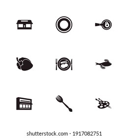 Juego de iconos de cocina y pescado con plato, dibujo y tenedor. Icono de cocina relacionada con el programa Dishware vectorial para el diseño del logo de la interfaz de usuario web.
