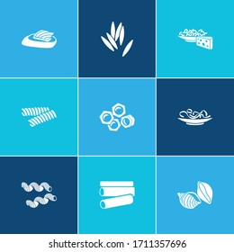 Cuisine icon set and macaroni with cheese with fettuccine, cavatappi pasta and riccioli pasta. Tuna fish bruschetta related cuisine icon vector for web UI logo design.