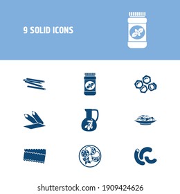 Cuisine icon set and pasta carbonara with caprese, olive oil and bucatini. Spaghetti related cuisine icon vector for web UI logo design.