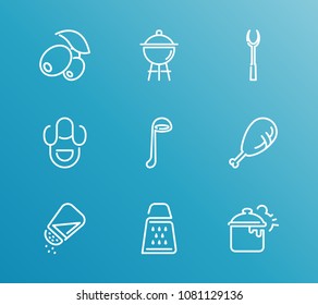 Cuisine icon set and salt shaker with apron, cooking spoon and grill. Chef uniform related cuisine icon vector for web UI logo design.
