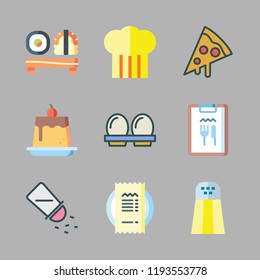 cuisine icon set. vector set about salt, chef, pudding and sushi icons set.