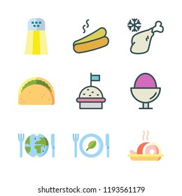 cuisine icon set. vector set about taco, salt shaker, hot dog and food icons set.
