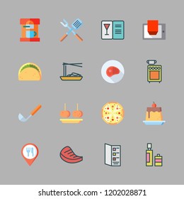 cuisine icon set. vector set about meat, coffee maker, noodles and pudding icons set.