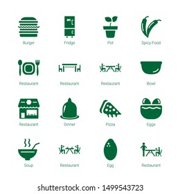cuisine icons. Editable 16 cuisine icons. Included icons such as Burger, Fridge, Pot, Spicy food, Restaurant, Bowl, Dinner, Pizza, Eggs, Soup, Egg. cuisine trendy icons for web.