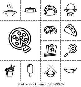 Cuisine icons. set of 13 editable outline cuisine icons such as pan, soup, ice cream, taco, chinese fast food, pepper, pizza, hat and bow