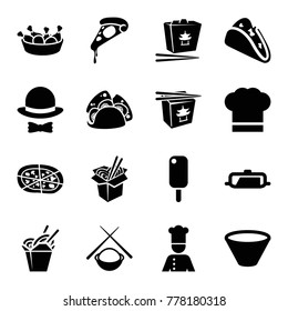 Cuisine icons. set of 16 editable filled cuisine icons such as pan, ice cream, taco, pizza, chinese fast food, chicken leg, noodles fast food, chef, chef hat, hat and bow