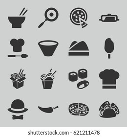 Cuisine icons set. set of 16 cuisine filled icons such as pan, taco, chinese fast food, asian food, noodles fast food, pepper, pizza, chef hat, hat and bow, chef hat and spoon