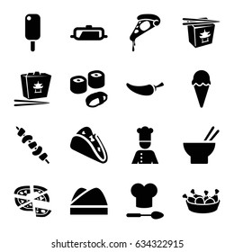 Cuisine icons set. set of 16 cuisine filled icons such as pan, taco, pizza, chinese fast food, asian food, chicken leg, pepper, kebab, chef, chef hat, chef hat and spoon