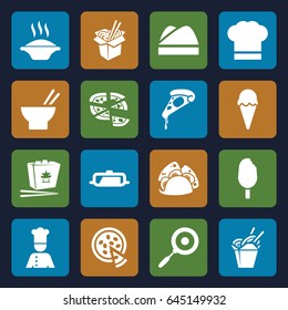 Cuisine icons set. set of 16 cuisine filled icons such as pan, pizza, taco, chinese fast food, asian food, noodles fast food, chef, chef hat, ice cream