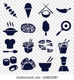 Cuisine icons set. set of 16 cuisine filled icons such as taco, chinese fast food, pizza, asian food, noodles fast food, pepper, kebab, chef, chef hat and spoon, pan, sushi