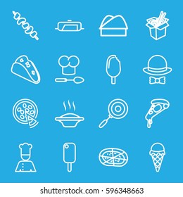 cuisine icons set. Set of 16 cuisine outline icons such as pan, taco, pizza, noodles fast food, kebab, chef, chef hat, hat and bow, chef hat and spoon, ice cream