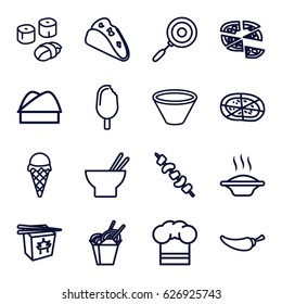 Cuisine icons set. set of 16 cuisine outline icons such as taco, chinese fast food, pizza, asian food, pepper, kebab, chef hat, bowl, pan, sushi, ice cream