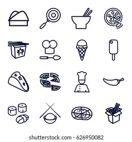 Cuisine icons set. set of 16 cuisine outline icons such as taco, chinese fast food, pizza, asian food, noodles fast food, pepper, chef, chef hat, chef hat and spoon, pan