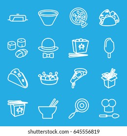 Cuisine icons set. set of 16 cuisine outline icons such as pan, taco, pizza, chinese fast food, asian food, chicken leg, noodles fast food, hat and bow, chef hat and spoon