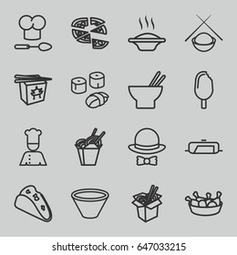Cuisine icons set. set of 16 cuisine outline icons such as pan, taco, chinese fast food, pizza, asian food, chicken leg, noodles fast food, chef, hat and bow