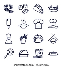 Cuisine icons set. set of 16 cuisine outline icons such as pan, taco, chinese fast food, pizza, chicken leg, chef, chef hat, chef hat and spoon, sushi, asian food, soup