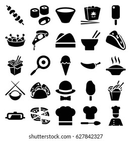 Cuisine icons set. set of 25 cuisine filled icons such as pan, taco, pizza, chinese fast food, asian food, chicken leg, noodles fast food, pepper, kebab, chef, chef hat