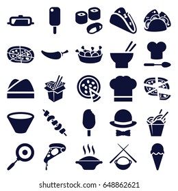Cuisine icons set. set of 25 cuisine filled icons such as pan, taco, pizza, chinese fast food, asian food, chicken leg, noodles fast food, pepper, kebab, chef hat, hat and bow