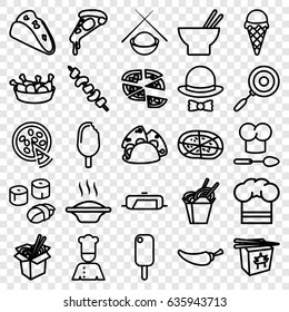 Cuisine icons set. set of 25 cuisine outline icons such as pan, taco, pizza, chinese fast food, asian food, chicken leg, noodles fast food, pepper, kebab, chef, chef hat