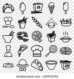 Cuisine icons set. set of 25 cuisine outline icons such as pan, taco, pizza, chinese fast food, asian food, chicken leg, noodles fast food, kebab, chef, chef hat, hat and bow
