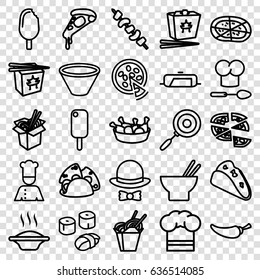 Cuisine icons set. set of 25 cuisine outline icons such as pan, taco, pizza, chinese fast food, asian food, chicken leg, noodles fast food, pepper, kebab, chef, chef hat