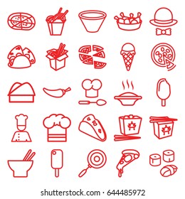 Cuisine icons set. set of 25 cuisine outline icons such as taco, pizza, chinese fast food, asian food, chicken leg, noodles fast food, pepper, chef, chef hat, hat and bow