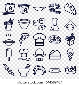 Cuisine icons set. set of 25 cuisine outline icons such as pan, taco, pizza, chinese fast food, asian food, chicken leg, noodles fast food, pepper, kebab, chef, chef hat