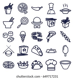 Cuisine icons set. set of 25 cuisine outline icons such as pan, taco, pizza, chinese fast food, asian food, chicken leg, noodles fast food, pepper, kebab, chef, chef hat