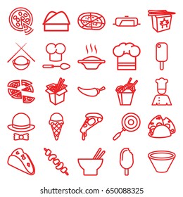 Cuisine icons set. set of 25 cuisine outline icons such as pan, taco, pizza, chinese fast food, asian food, noodles fast food, pepper, kebab, chef, chef hat, hat and bow