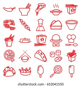 Cuisine icons set. set of 25 cuisine outline icons such as pan, taco, pizza, chinese fast food, asian food, chicken leg, noodles fast food, pepper, kebab, chef, chef hat