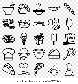 Cuisine icons set. set of 25 cuisine outline icons such as pan, taco, pizza, chinese fast food, asian food, chicken leg, noodles fast food, pepper, kebab, chef, chef hat