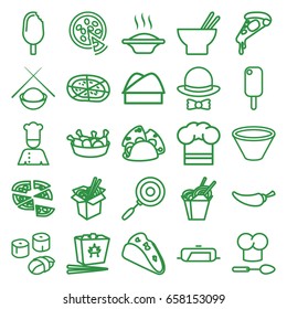 Cuisine icons set. set of 25 cuisine outline icons such as pan, taco, pizza, chinese fast food, asian food, chicken leg, noodles fast food, pepper, chef, chef hat, hat and bow
