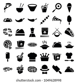 Cuisine icons. set of 36 editable filled cuisine icons such as pan, soup, ice cream, taco, pizza, chinese fast food, noodles fast food, pepper, chef, chef hat, hat and bow