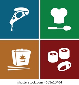 Cuisine icons set. set of 4 cuisine filled icons such as pizza, chinese fast food, chef hat and spoon